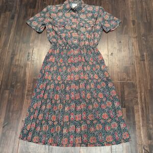 Vintage Leslie Fay Green Patterned Dress 70s Womens 12 Pleated Midi Short Sleeve